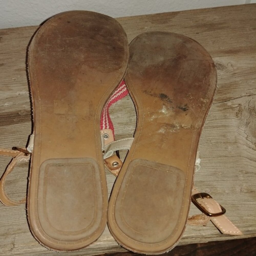 Gap Women's Size 8 Strappy Brown Leather Sandals Pink & White Ribbon Back Strap - Picture 4 of 5